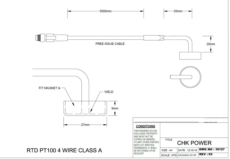 PT100 Class A Surface Mount Temperature Sensor - Magnetic